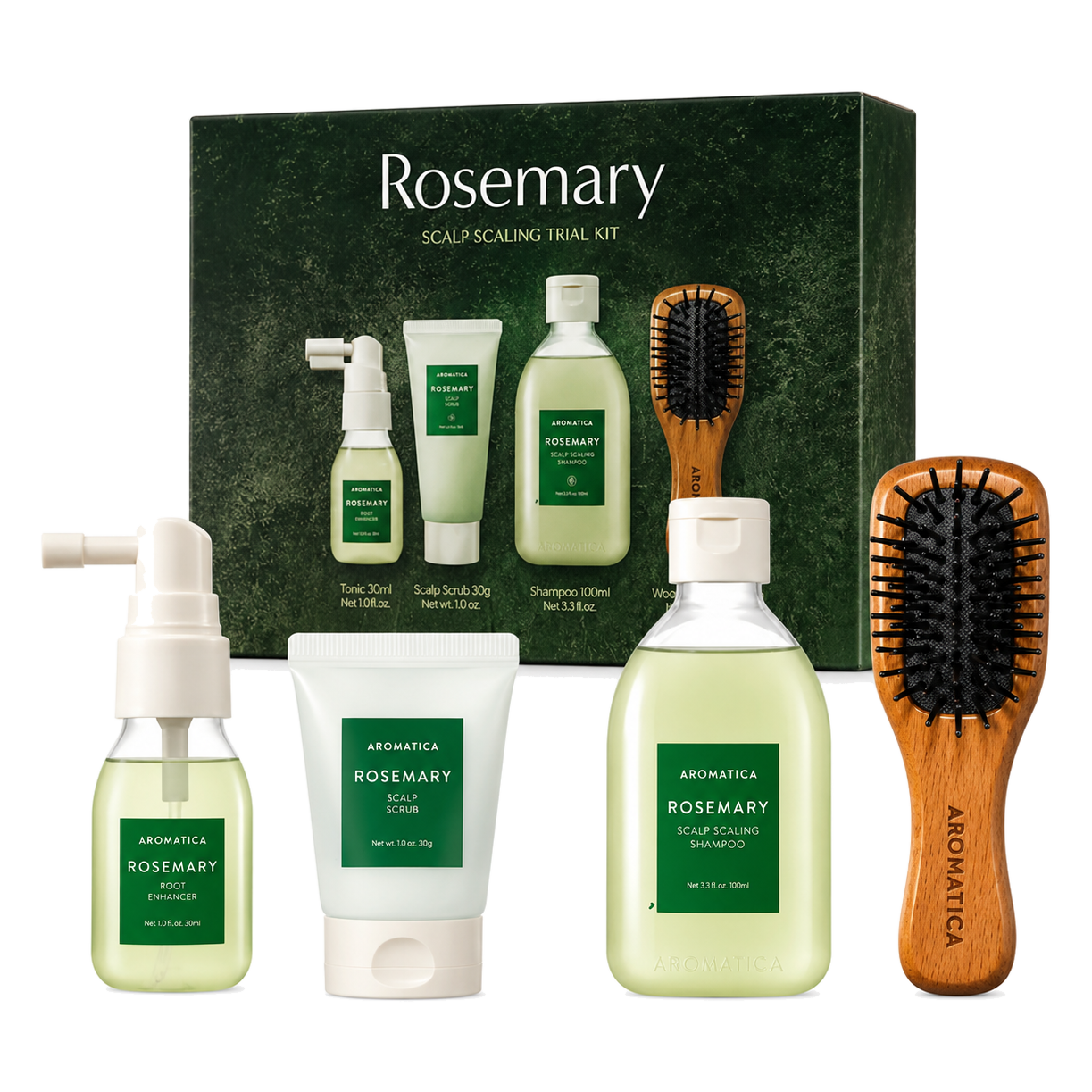 Aromatica – Rosemary Scalp Scaling Trial Kit (With Mini Wooden Hair Brush) – 1set (4items)