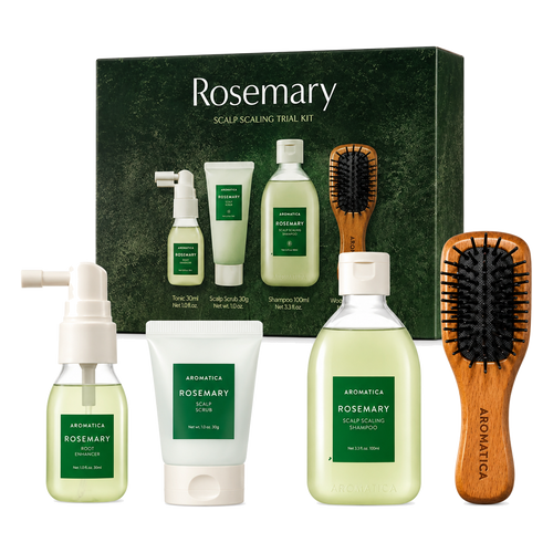 Aromatica – Rosemary Scalp Scaling Trial Kit (With Mini Wooden Hair Brush) – 1set (4items)