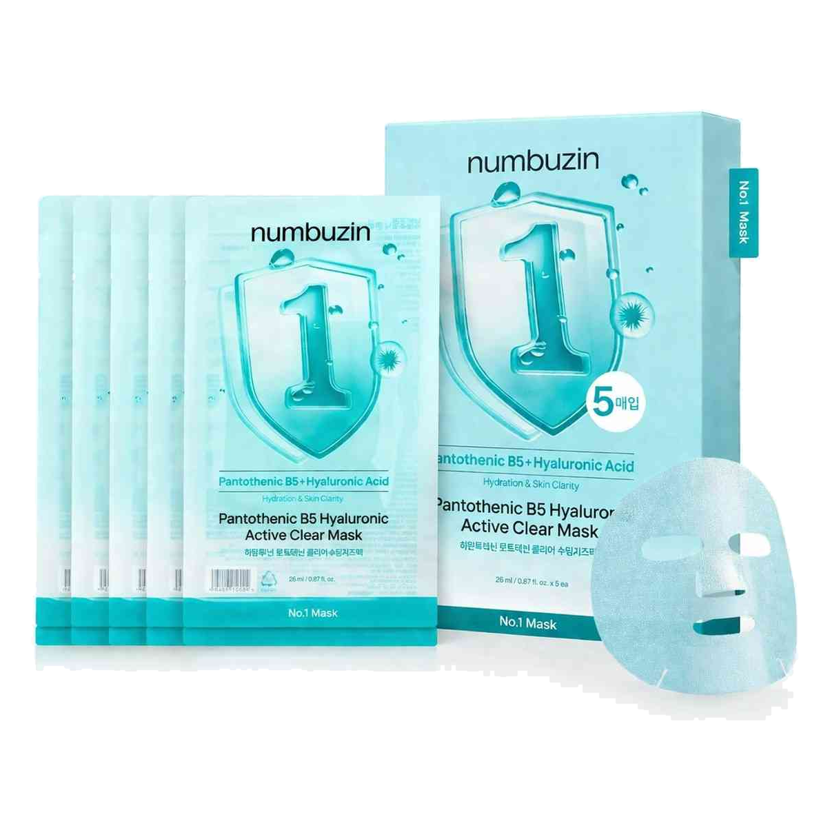 Numbuzin – No.1 Pantothenic B5 Hyaluronic Active Clear Mask – 26ml x 5 pcs